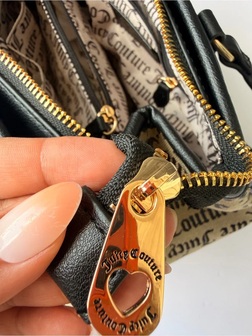 Juicy Couture Black & Beige Logo Dome Satchel with Gold Charm
